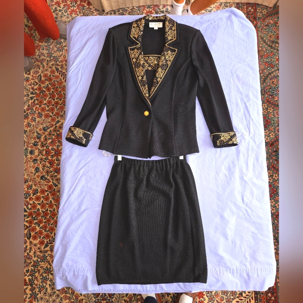 Elegant St. John Wool Black Blazer with Skirt with Gold Accents